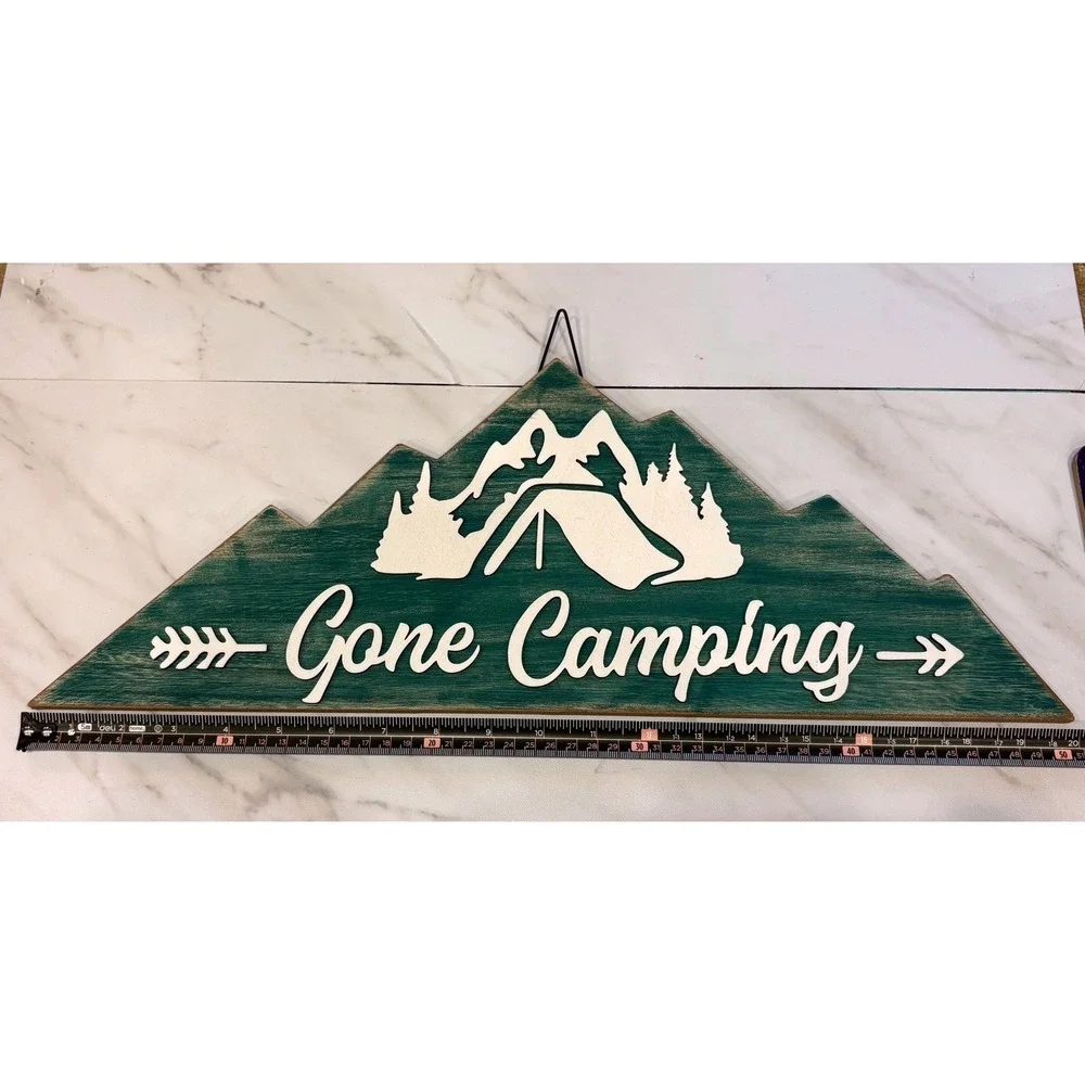 Gone Camping Sign Home Decor Green Mountain Shape Wood Plaque